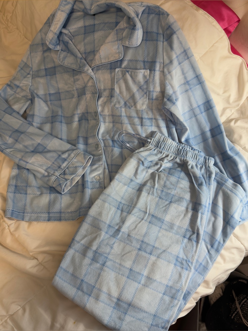 Blue Gingham Plaid Fleece Pajama Set